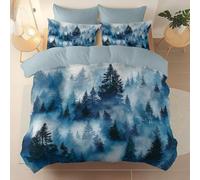 Reversible Duvet Cover - Light Blue Soft Bedding Set with Zipper Closure & Corner Ties, Watercolor Forest Pine Trees Clouds Design Printed - Breathable Brushed Microfiber Material, 200 × 200 cm