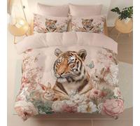 Reversible Duvet Cover - Pink Soft Bedding Set with Zipper Closure & Corner Ties, Watercolor Tiger Rabbit Flowers Design Printed - Breathable Brushed Microfiber Material, 135 × 200 cm