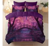 Reversible Duvet Cover - Purple Soft Bedding Set with Zipper Closure & Corner Ties, Cartoon Cute Small Bridge Cherry Blossom Trees Design Printed - Breathable Brushed Microfiber Material, 200 × 201 cm