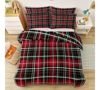 Reversible Duvet Cover Set 135 × 200 cm, 3 Pcs Red Green Tartan Print Bedding Set Soft Microfiber Easy Care Quilt Cover with 2 Pillowcase Plaid Style for Bedroom Vintage Lovers Duvet Set