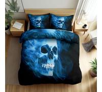 Reversible Duvet Cover Set 230 × 220 cm, Soft Blue Printed Bedding Set, Fantasy Skull Smoke Mystical Premium Microfiber Reversible King Quilt Cover