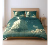 Reversible Duvet Cover Set, Science fiction future sky architecture, Machine Washable Quilt Cover Design for Teens Boys Girls Bedroom, Green, Queen230x230cm(90"x90")+2 50x75cm(20"x30")