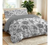 Reversible Duvet Cover Set Super King 260 x 220 cm - Easy Care Bedding with Minimalist Classical Floral Rose, Soft Breathable Quilt Cover Includes 2 Pillowcases for Adults, Teens, and Children, White