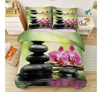 Reversible Duvet Cover Set Super King Size (260 X 220 Cm) Light Luxury Style Pebbles Phalaenopsis Green With 2 Pillowcases - Ultra Soft Microfibre Bedding - Breathable, Wrinkle Resistant & Easy Care