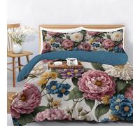 Reversible Duvet Cover Set Super King Size, Peony and daisy branches and leaves Microfiber Bedding Set,Breathable Quilt Cover,Machine Washable Bedding,Natural Flower Theme Bedroom Home Decor