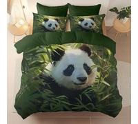Reversible Duvet Cover Set with Pillowcases 230 x 220 cm - Cute Realistic Bamboo Forest Panda Printed Quilt Cover, Soft Easy Care Microfiber Bedding Set Machine Wash for Kids Adults Teens, Dark Green