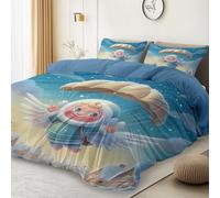 Reversible Duvet Cover Sets Single - Animation Cute Baby-Faced Angel Printed Easy Care Microfiber Bedding Set with Zipper, Wrinkle Resistant Quilt Cover Set for Hotel Guest Room Decor, Light Blue