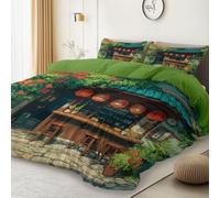 Reversible Duvet Cover Sets Single - Cartoon Anime Japanese Countryside Printed Easy Care Microfiber Bedding Set with Zipper, Wrinkle Resistant Quilt Cover Set for Hotel Guest Room Decor, Green