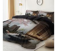 Reversible Duvet Cover Sets Single - Simple Zen Japanese Garden Printed Easy Care Microfiber Bedding Set with Zipper, Wrinkle Resistant Quilt Cover Set for Hotel Guest Room Decor, Black