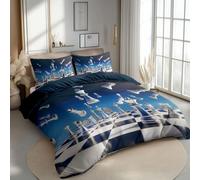 Reversible Duvet Cover Single Size Sets, Modern 3D Chess Pieces Board Printed Breathable Easy Clean Duvet Covers Set with 2 Pillowcases, Blue Navy Brushed Microfiber Bedding for boys teens kids room