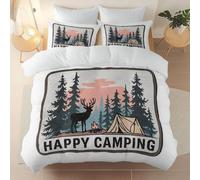 Reversible Duvet Cover - White Soft Bedding Set with Zipper Closure & Corner Ties, Camping Theme Forest Deer Design Printed - Breathable Brushed Microfiber Material, 200 × 200 cm