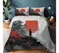 Reversible Duvet Japanese Style Mountains Sun Ink Painting Pattern Soft Warm Anti-Pilling Coverless Duvet, Twin XL Size Machine Washable Comforter 135 x 200 cm, Grey Hypoallergenic All Seasons Quilt