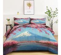Reversible Duvet Nature Mountain Cherry Blossom Lake Pattern Soft Warm Anti-Pilling Coverless Duvet, Twin XL Size Machine Washable Comforter 135 x 200 cm, Blue Hypoallergenic All Seasons Quilt