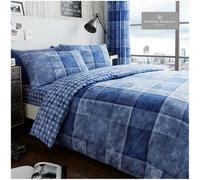 Denim Check Duvet Cover Reversible Quilt Bedding Bed Linen Set Blue Double New