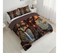 Reversible Duvet Set Double, Old Tree Lamp Fruit Quilt Bedding Sets Dream Talk Fairy Tales Soft Lightweight and Warm Orange Quilted Coverless Duvet 200x200 cm, for All Seasons with Pillowcases