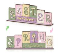 Reversible Easter & Spring Wooden Tabletop Decor, Freestanding Double-Sided Seasonal Sign, Farmhouse Bunny Egg Spring Decoration for Shelf, Mantel & Tiered Tray
