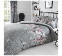 Geometric Feathers Double Duvet Cover and Pillowcase Set - Grey