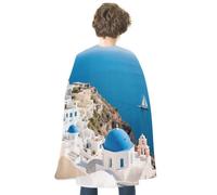Reversible Halloween Cloak Santorini Greek IslCape with Hook & Loop | Medieval Renaissance Poncho, Dress up Costume, Blue Red Robe, Adjustable Collar, Flowing Drape, Wizard Witch Vampire Cosplay