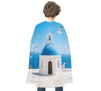 Reversible Halloween Cloak Santorini Greek IslSea Cape Hook & Loop | Medieval Renaissance Poncho, Dress up Costume, Blue Red Robe, Adjustable Collar, Flowing Drape, Wizard Witch Vampire Cosplay
