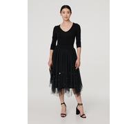 Reversible Hanky Hem Mesh & Knit Midi Skirt Izabel London Black 14