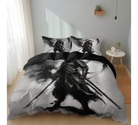 Reversible Japanese Style Samurai Sword Duvet Cover Set, Super Soft Microfibre Bedding, Watercolor with Zipper Closure Single Size Duvet Cover and 2 Pillowcase for Adults Teens Kids 135 x 200 cm