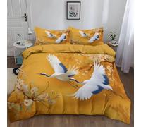 Reversible Microfiber Children's Duvet Cover 200 x 200 cm - Super Soft No fading Chinese Style Simple Flowers Cranes Print Double Bedding Set, Yellow duvet cover perfect for summer