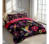 Reversible Microfiber Duvet Cover Set Super King Size, 3-Piece Bedding with Zipper & Corner Ties - Includes 2 Pillowcases, Cosy Flowers And Birds Elegant Patterned Set for Bedroom Decor Rose Red