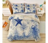 Reversible Nautical Compass Rose Starfish Old Map Printed Bedding Set Includes 1 Duvet Cover 120 × 150 cm & 1 Pillowcases, Blue Beige Soft Microfiber Quilt Cover with Zipper Closure for Bedding Decro