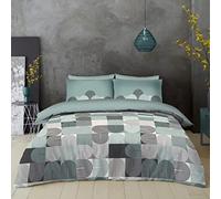 Reversible Polycotton Geometric Duvet Cover Set 3Pc, Luxury Geo Fitted Sheet, Check Bedding Complete Bed Set Single Bed, Green/Charcoal