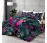 Reversible Printed Comforter Super King 220×240 cm, Pinkish-Purple Green Down Alternative Duvet Insert, Anti-Clump Tech Quilted Bedding, Luxury Soft & Breathable, Tropical Elements Leaves Bird Pattern