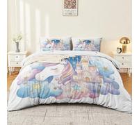 Reversible Quilt Cover 135 x 200 cm Multicoloured Watercolour Fantasy Castle Magic Horse Printed Microfibre Duvet Cover Set Soft Breathable Bedding Set with 2 Pillowcases Zip Closure