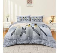 Reversible Quilt Cover 220 x 240 cm Black Realistic Cute Animal Penguin Printed Microfibre Duvet Cover Set Soft Breathable Bedding Set with 2 Pillowcases Zip Closure