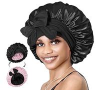 Reversible Satin Bonnet for Sleeping Adjustable Silk Hair Cap for Women Night Head Wrap for Curly Long Braid Tresse Wigs, Black +Pink