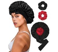 Reversible Satin Bonnet for Sleeping Women Double Layer Hair Bonnet with 2PCS Hair Scrunchies Elastic Tie Band Night Cap, Black+red, One Size