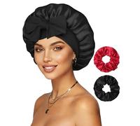 Reversible Satin Bonnet for Sleeping Women Double Layer Hair Bonnet with 2PCS Hair Scrunchies Elastic Tie Band Night Cap, Black+red, One Size