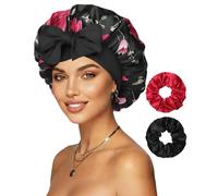Reversible Satin Bonnet for Sleeping Women Silk Bonnet Double Layer Hair Bonnet with 2PCS Hair Scrunchies Elastic Tie Band Night Cap Hair Wrap for Natural Curly Hair (Black Flower + Black)