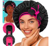 Reversible Silk Bonnet for Sleeping Women - Double Layer & Color Satin Bonnet, Adjustable Hair Cap for Curly & Textured Hair (Rose Red & Black)