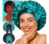 Reversible Silk Bonnet for Sleeping Women - Double Layer & Color Satin Bonnet, Adjustable Hair Cap for Curly & Textured Hair (Cyan Blue & Black)