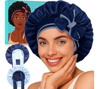 Reversible Silk Bonnet for Sleeping Women - Double Layer & Color Satin Bonnet, Adjustable Hair Cap for Curly & Textured Hair (Navy Blue & Black)