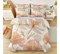 Reversible Simple Dragonfly Floral Duvet Cover Set Super King Size - Soft Brushed Microfiber 3-Piece Bedding with Hidden Zipper & Corner Ties - Includes 2 Pillowcases for Children's room Decor, Cream