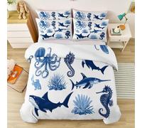 Reversible Simple Underwater Animals Duvet Cover Set Super King Size - Soft Brushed Microfiber 3-Piece Bedding with Hidden Zipper & Corner Ties - for Children's room Decor, Dark Blue