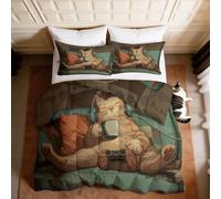 Reversible Single Coverless Duvet with 2 Pillowcases 50x75cm, 10.5 Tog Green Cartoon Cute Cat Sofa Print, Super Soft Machine Washable All Season Quilt for Travel and Camping 135 × 200 cm