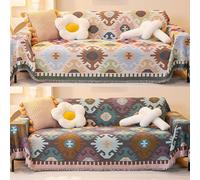 Reversible Sofa Cover - Dual-Sided Poly-Cotton Couch Protector for Pets, Fringed Throw Blanket for 1-4 Seater Sofas (90-180cm, Wrinkle-Free, Geometry Design)