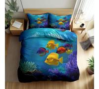 Reversible Under The Sea Colorful School Of Fish Printed Duvet Cover, Luxury Nature Photography Double Bedding Sets - Lightweight Duvet Cover Soft Breathable Quilt Covers for Kids Adults 200 x 200 cm