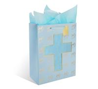 reviamz Blue Gift Bag Cross Design with Tissue Paper for Baby Boy Baptisms,Christenings,Baby Shower,First Communions Dedication Gifts for Religious Catholic Occasion- 10" x 5" x 13"