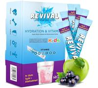 Revival Kids Hydration Squash Drink | Electrolytes & Vitamins A C D K B12 | Plant Based High Strenght Hydration Electrolytes Sachets Drink with Steel Water Bottle | Apple & Blackcurrant, 30 Pack