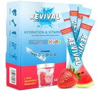 Revival Kids Hydration Squash Drink | Electrolytes & Vitamins A C D K B12 | Plant Based High Strenght Hydration Electrolytes Sachets Drink with Steel Water Bottle | Strawberry & Watermelon, 30 Pack