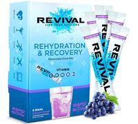 Revival Rapid Rehydration Sachets Electrolytes Powder High Strength Vitamin C, B1, B3, B5, B12 Supplement Sachet Energy Drink, Effervescent Electrolyte Hydration Tablets 6 Pack Concord Grape Flavours