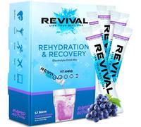 Revival Rapid Rehydration Sachets Electrolytes Powder High Strength Vitamin C, B1, B3, B5, B12 Supplement Sachet Energy Drink, Effervescent Electrolyte Hydration Tablets 12 Pack Concord Grape Flavours