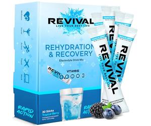 Revival Rapid Rehydration Sachets Electrolytes Powder High Strength Vitamin C, B1, B3, B5, B12 Supplement Energy Drink, Effervescent Electrolyte Hydration Tablets 30 Pack Tropical Berry Flavours